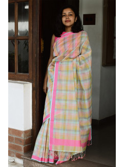 Multicolour Pastel , Handwoven Organic Cotton, Textured Weave , Jacquard, Work Wear, Checked Saree